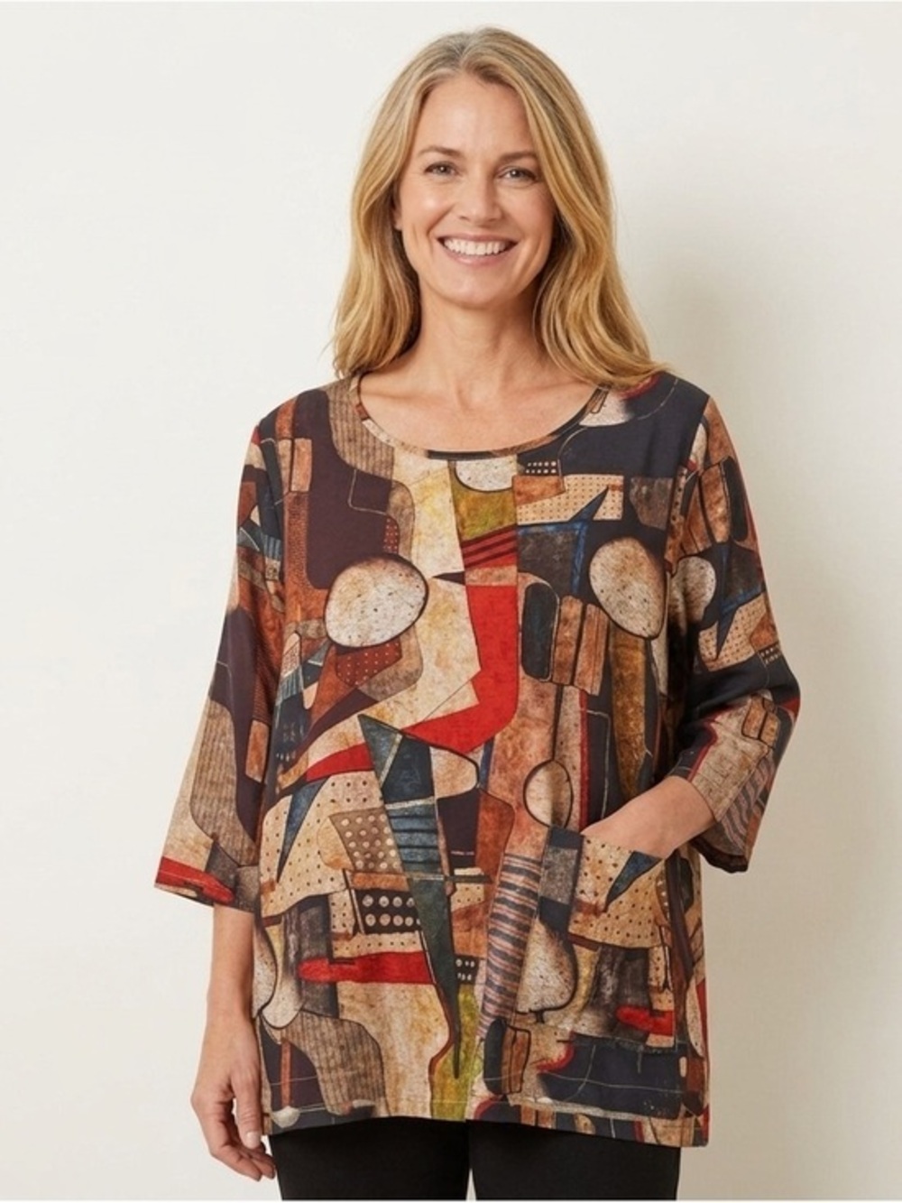 Shana Abstract Art Print Blouse Size Med Rayon Blend Oversized Top With Pocket
